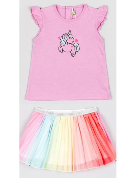 Σετ μπλούζα με print μονόκερος και φούστα πλισέ ουράνιο τόξο ροζ