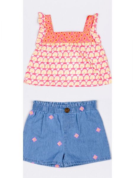 Σετ βαμβακερό μπλούζα με βολάν στις τιράντες και τζιν βερμούδα με γεωμετρικά print κοραλί