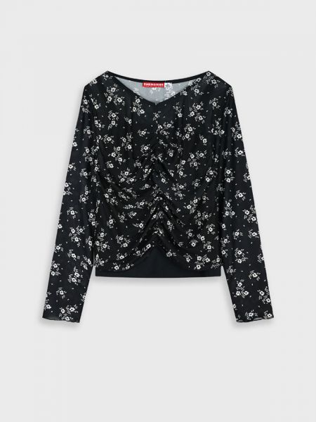 Μπλούζα ζορζέτα φλοράλ με σούρες μαύρο