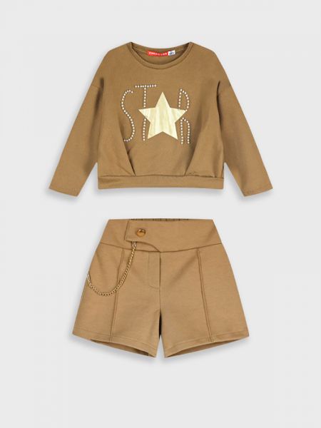Σετ μπλούζα με πέρλες και σορτς με πιέτες και αλυσίδα καμηλό