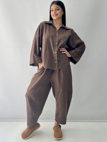 Παντελόνι high comfort cropped με λάστιχο στη μέση καφέ