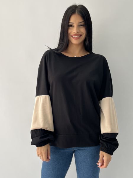 Μπλούζα με λάστιχο στο μανίκι και βελουτέ λεπτομέρειες μαύρο