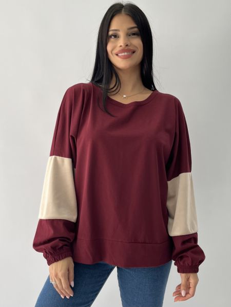 Μπλούζα με λάστιχο στο μανίκι και βελουτέ λεπτομέρειες μπορντώ