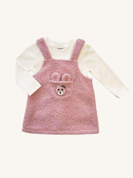 Σετ βρεφικό σαλοπέτα γούνινη με αρκουδάκι και μπλούζα ροζ