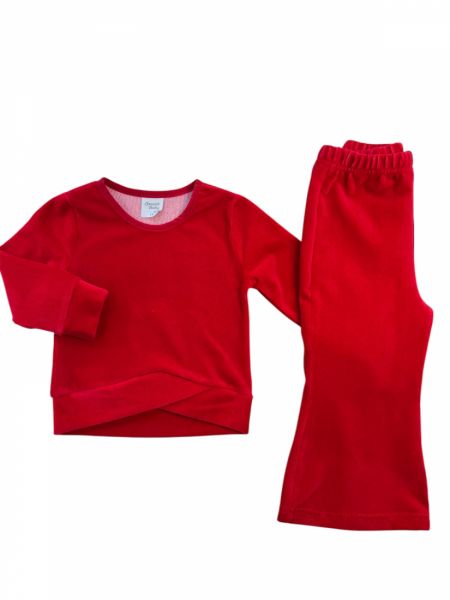 Σετ βελούδο μονόχρωμο κροπ τοπ και παντελόνι καμπάνα  κόκκινο