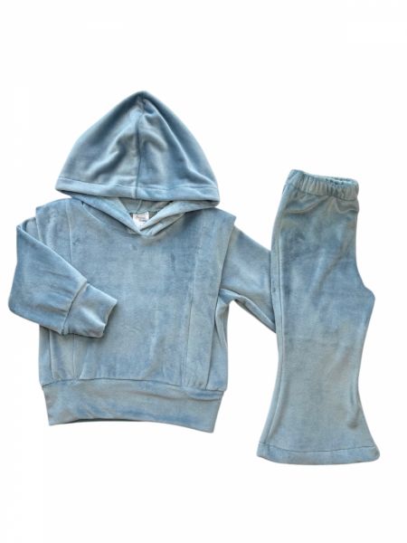 Σετ βελούδο μονόχρωμο μπλούζα με κουκούλα παντελόνι καμπάνα  σιέλ