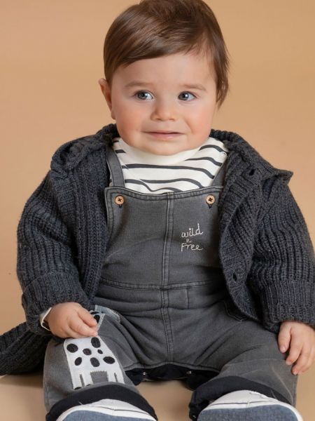 Σετ σαλοπέτα μαλακή με μπλούζα ριγέ και κέντημα  ανθρακί