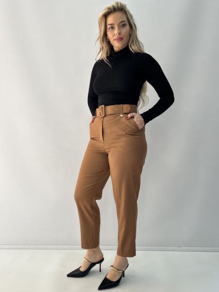 Παντελόνι ψηλόμεσο Milano με ζώνη ντυμέμη  καφέ