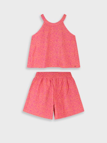 Σετ με γεωμετρικά σχέδια τοπ και βερμούδα με λάστιχο φούξια