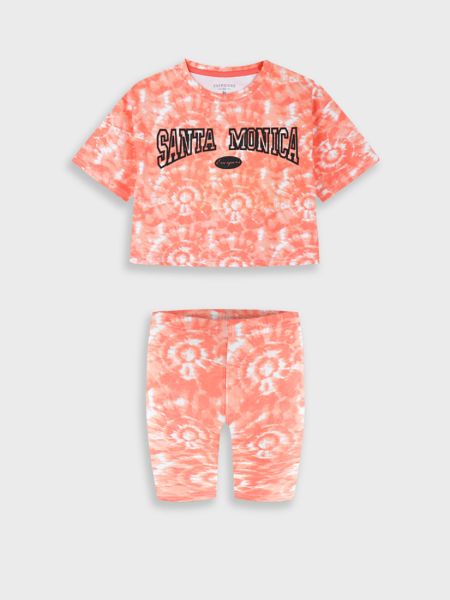 Σετ τοπ και ποδηλατικό κολάν με print Santa Monica κοραλί