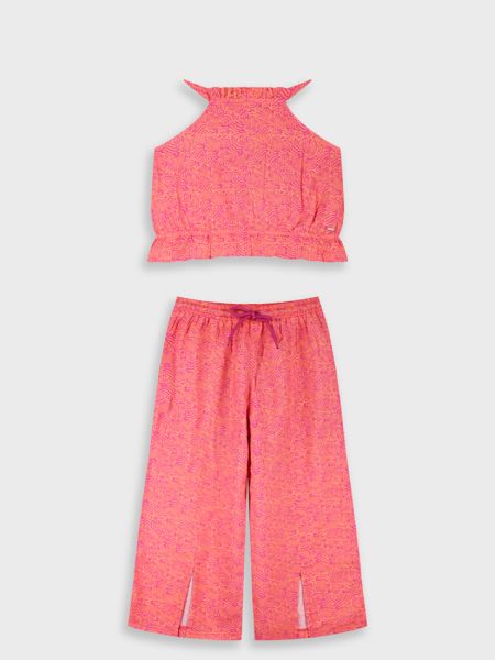 Σετ με γεωμετρικά σχέδια τοπ και παντελόνα με ανοίγματα φούξια