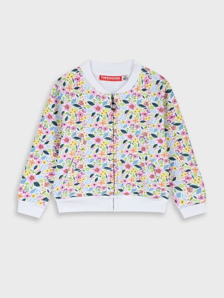 Ζακέτα φλοράλ με φερμουάρ και τσέπες λευκό