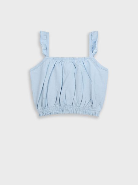 Τοπ μονόχρωμο βαμβακερό με βολάν γαλάζιο