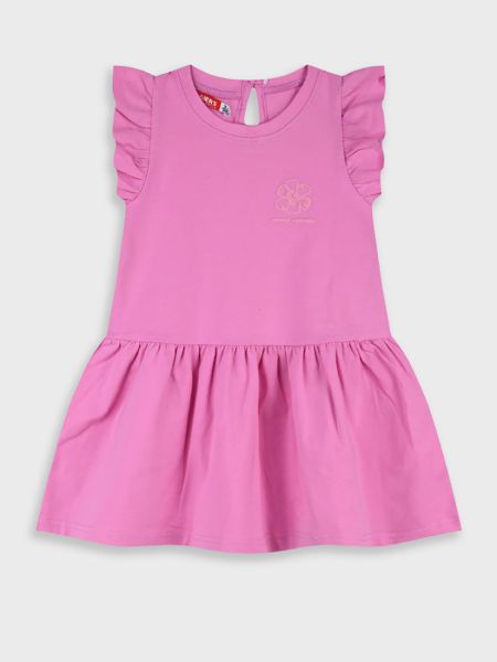 Φόρεμα μονόχρωμο με βολάν και print Summer paradise φούξια