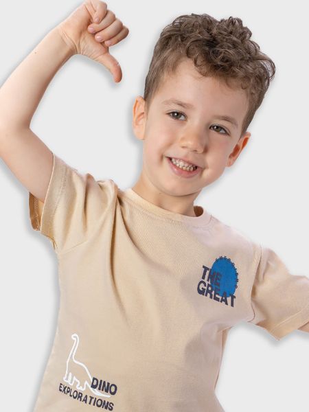 Μπλούζα κοντομάνικη ριγέ με print dino explorations μπεζ