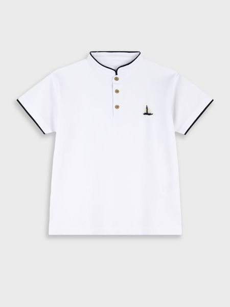 Μπλούζα τύπου Polo με μάο γιακά και κέντημα καράβι λευκό