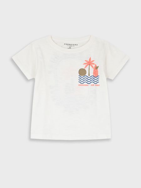 Μπλούζα κοντομάνικη ριγέ με print time for surf βανίλια