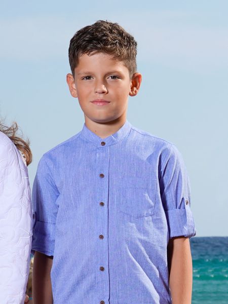 Πουκάμισο μονόχρωμο με μάο γιακά και τσέπη γαλάζιο