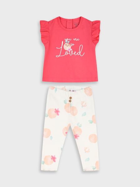 Σετ κοντομάνικη μπλούζα και μακρύ κολάν με print peaches peach