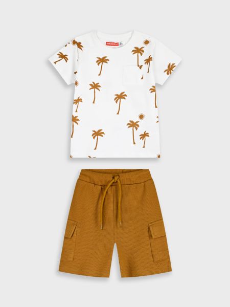 Σετ μπλούζα με print φοίνικες και cargo βερμούδα καφέ