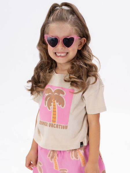 Σετ μπλούζα με print summer vacation και σορτς με φοίνικες ροζ