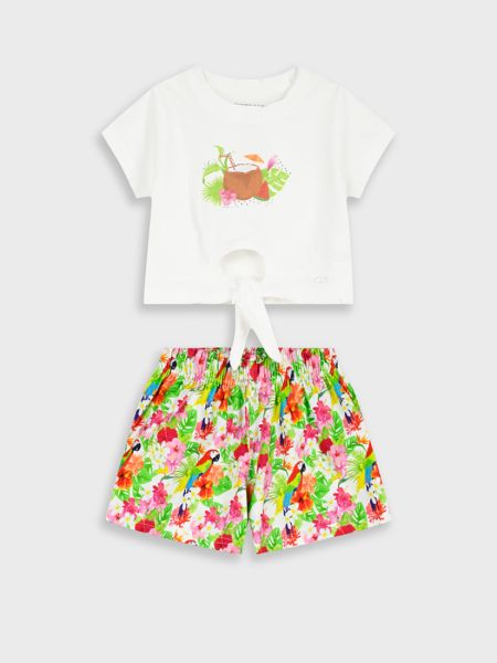 Σετ μπλούζα με δέσιμο και στρας και εμπριμέ σορτς πράσινο