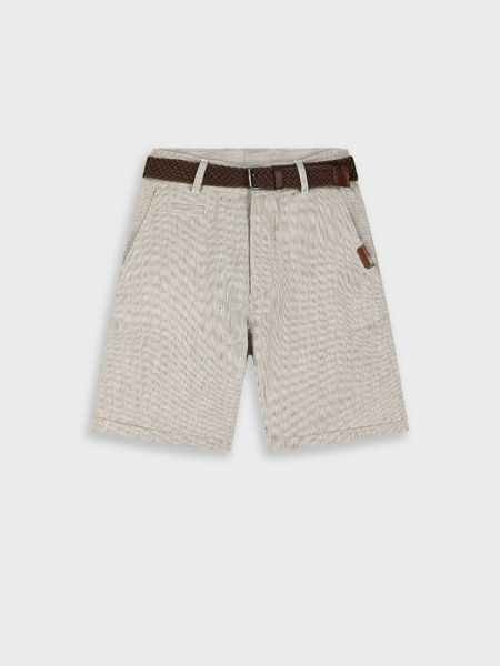 Βερμούδα λινή με λεπτή ρίγα και πλεκτή ζώνη σοκολά
