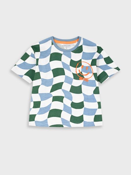 Μπλούζα κοντομάνικη με κυματιστό καρώ και φατσούλα πράσινο