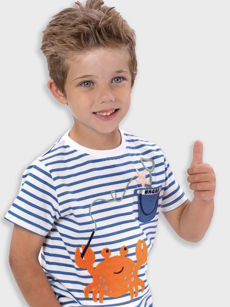 Μπλούζα ριγέ με καλοκαιρινό κέντημα και τσέπη  μπλε