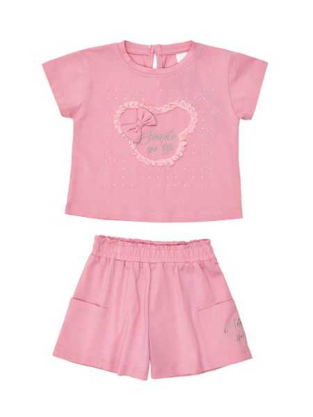 Σετ μπλούζα με δαντέλα και φιογκάκι Minnie και βερμουδάκι με τσέπες ροζ