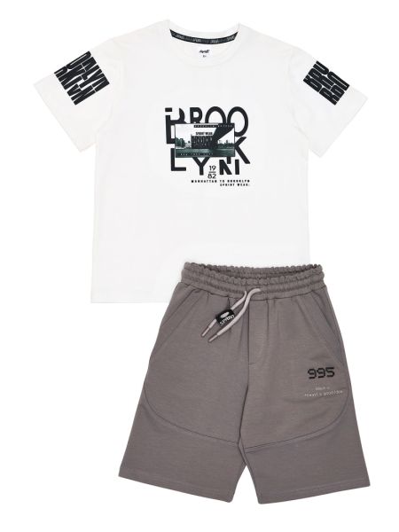 Σετ μπλούζα με print BROOKLYN και βερμούδα με λεπτομέρειες εκρού