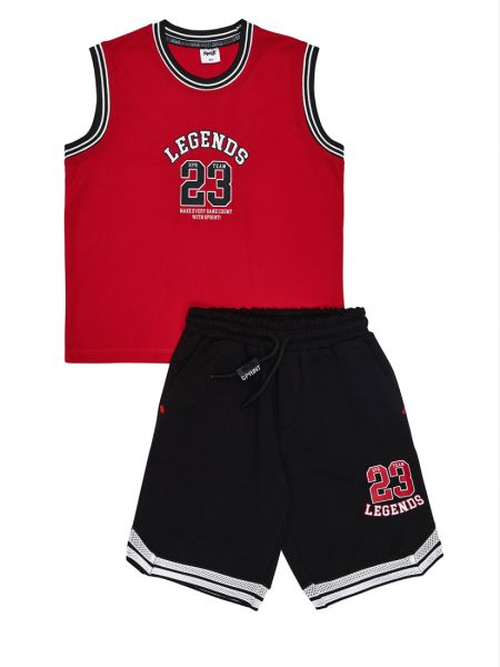 Σετ μπλούζα αμάνικη με print basketball και βερμούδα με λεπτομέρειες κόκκινο