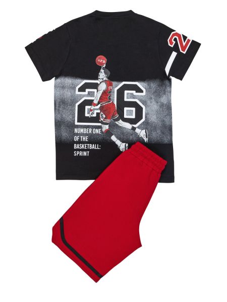 Σετ μπλούζα με print basketball και βερμούδα με λεπτομέρειες μαύρο