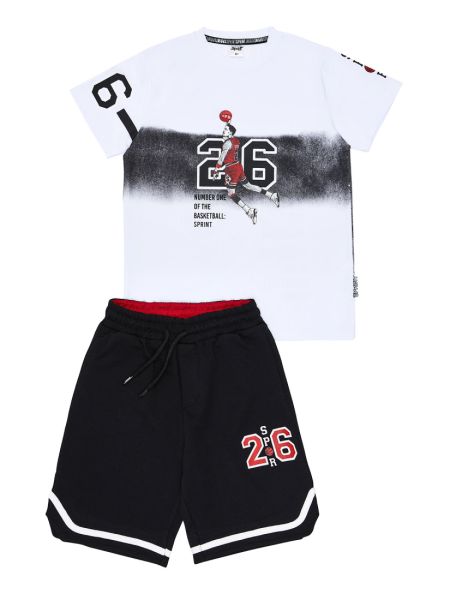 Σετ μπλούζα με print basketball και βερμούδα με λεπτομέρειες λευκό