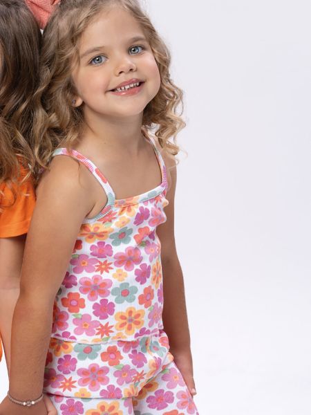 Σετ ριπ μπλούζα και ποδηλατικό κολάν print daisies ροζ