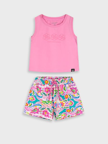 Σετ μπλούζα μονόχρωμη και φλοράλ σορτς φούξια