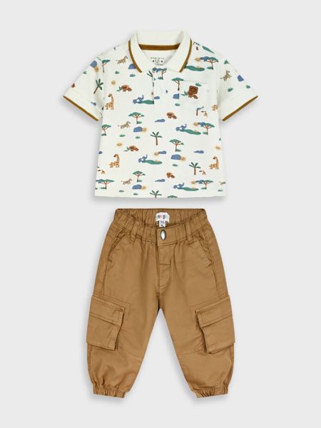 Σετ μπλούζα τύπου Polo με print dinosaurs και cargo παντελόνι καφέ