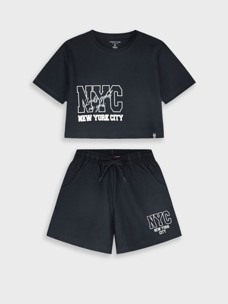 Σετ κροπ τοπ και βερμούδα με print NYC μαύρο
