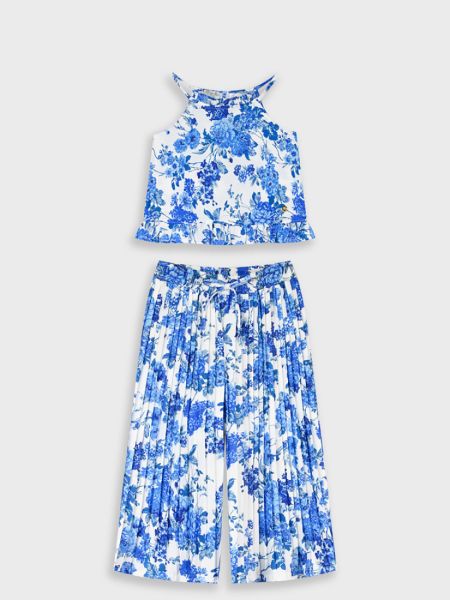 Σετ πλισέ φλοράλ κροπ τοπ με παντελόνι μπλε