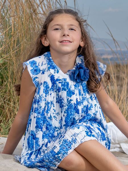 Φόρεμα πλισέ φλοράλ με μπουτονιέρα μπλε