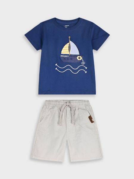 Σετ με διαδραστική μπλούζα και λινή βερμούδα μπεζ