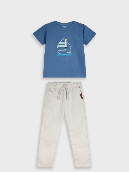 Σετ μπλούζα με κέντημα καράβι και λινό παντελόνι μπεζ