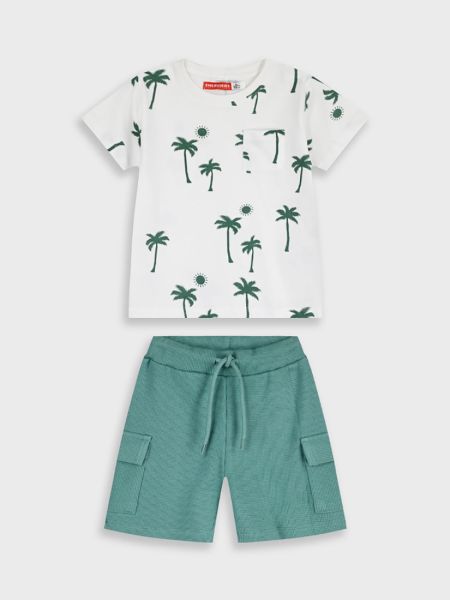 Σετ βαμβακερό με cargo βερμούδα και tropical print μέντα