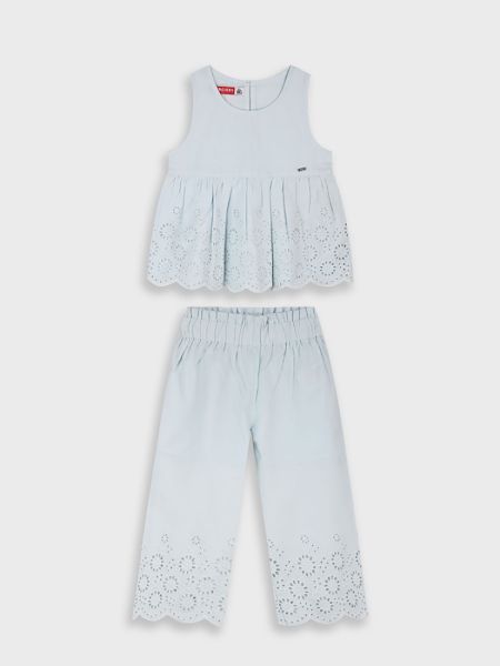 Σετ μπλούζα και παντελόνα με κοφτό κέντημα στο τελείωμα γαλάζιο
