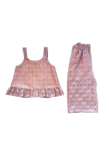 Σετ δαντελένιο τοπ με βολάν και παντελόνα ζιπ κιλότ κορίτσι μεγάλο σάπιο μήλο