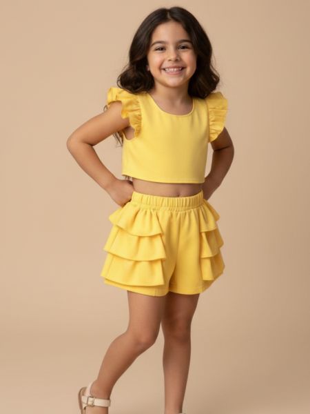 Σετ μονόχρωμο κροπ τοπ και σορτς με βολάν  κίτρινο