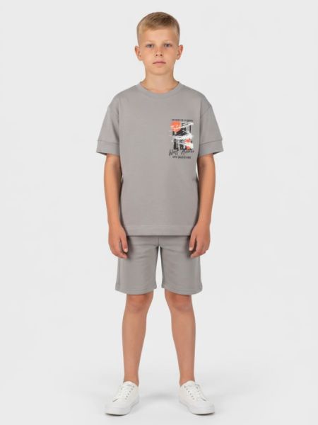 Σετ μπλούζα και μονόχρωμη βερμούδα με print graffiti γκρι