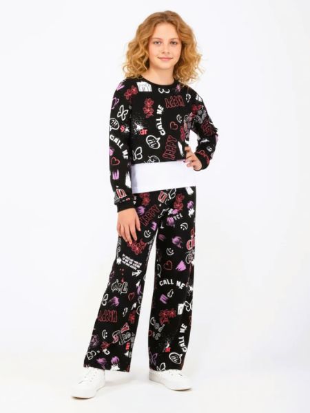 Τριπλέτα κροπ τοπ, αμάνικο μπλουζάκι και παντελόνα με graffiti μαύρο