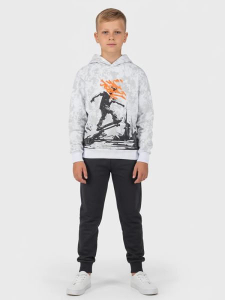 Σετ εποχιακό μπλούζα με κουκούλα και μονόχρωμο παντελόνι print skater εκρού