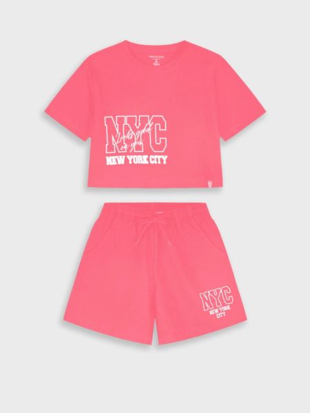 Σετ κροπ τοπ και βερμούδα με print NYC κοραλί
